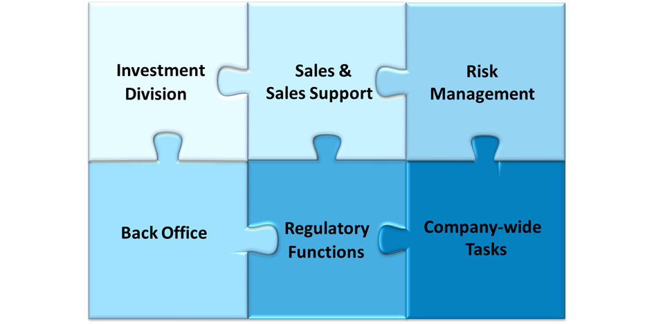 Departments in Erste Asset Management: Investment Division, Sales & Sales Support, Risk Management, Back Office, Regulatory Functions and Compan-wide Tasks.