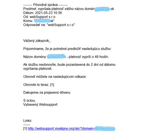 Podvodná správa zaslaná v mene spločnosti Websupport Podvodný e-mail predstierajúci skončenie platnosti domény v spoločnosti Websupport