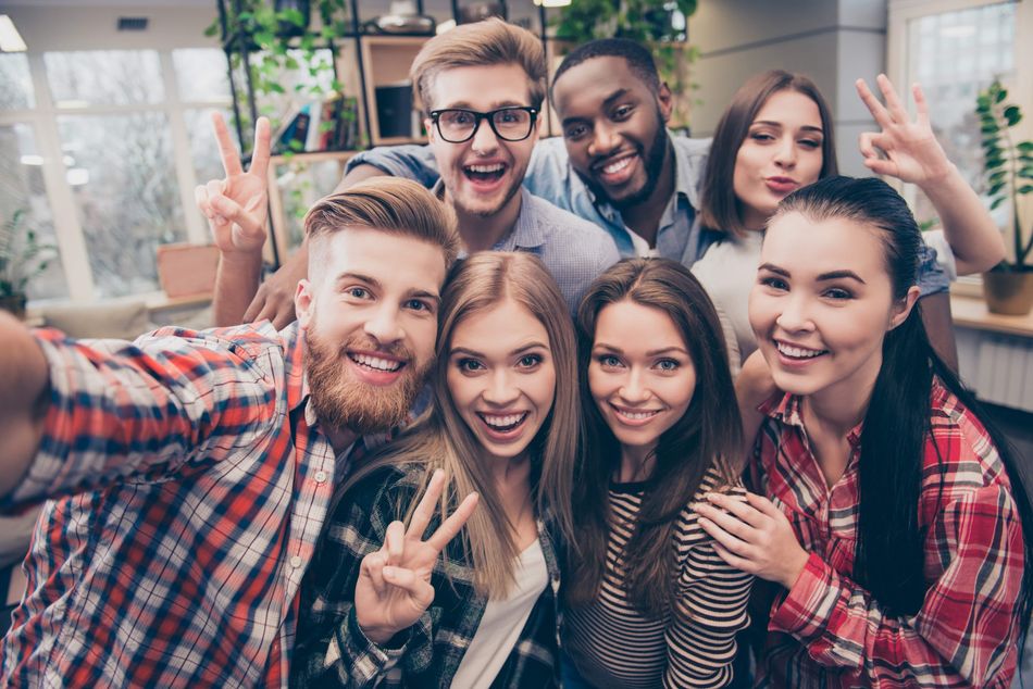 people happy peace-sign selfie