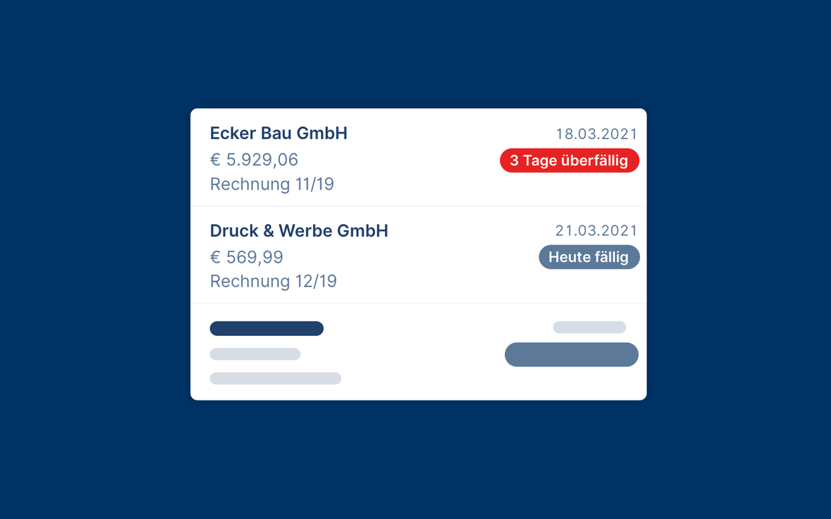 Das Bild zeigt anstehende und überfällige Rechnungen als Liste. Die überfällige Rechnung ist rot hervorgehoben.