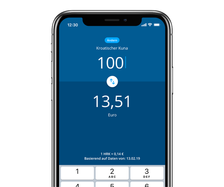 Smartphone mit geöffnetem Währungsrechner in der George-App.
