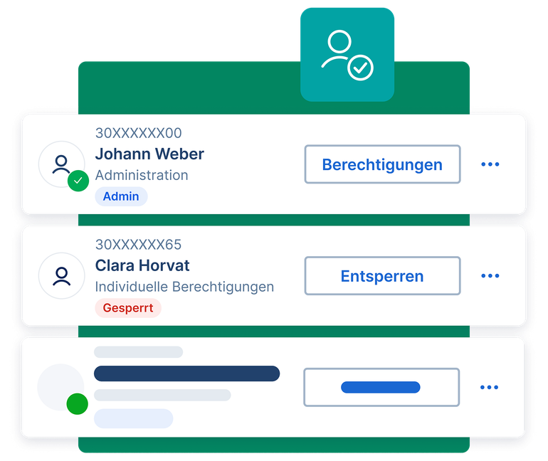 Übersicht der verschiedenen Stati bei George Business-Anwender:innen. Welche Accounts sind aktiv, welche Accounts sind gesperrt.