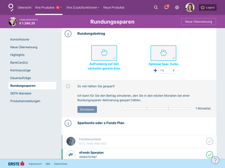 Einstellungen beim Rundungssparen in George Web.