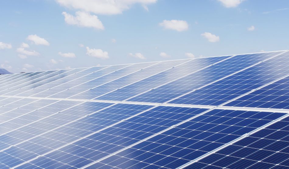 eco technology solar panel with sun and blue sky background. concept clean energy in nature