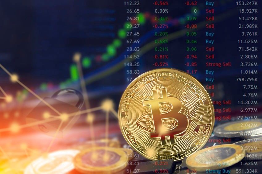 Bitcoin blockchain security concept with internet cloud computing and record highs.