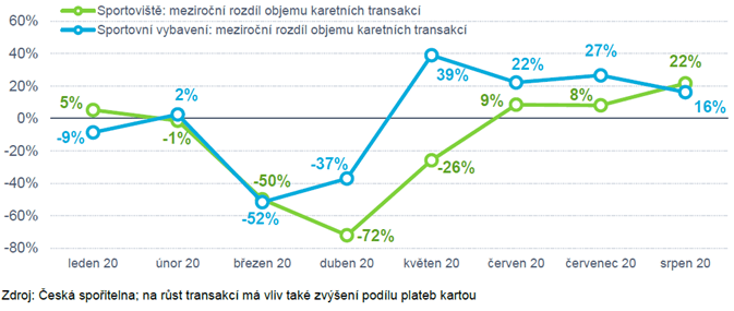 Vývoj objemu transakcí: sportoviště a sportovní vybavení (%, meziroční změna)