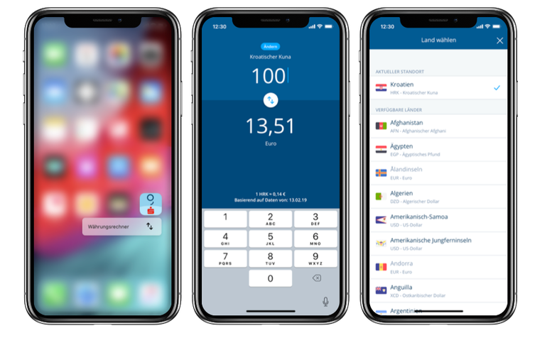 Bilder, wie der Währungsrechner in der iOS-Variante der George-App gestartet wird.