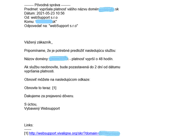 Podvodná správa zaslaná v mene spločnosti Websupport Fake e-mail