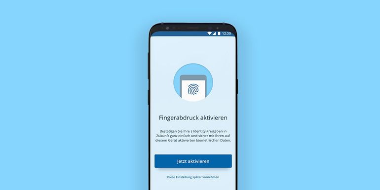 Smartphone mit geöffneter s Identity-App und der Aufforderung, Freigaben mittels Fingerabdruck zu aktivieren.