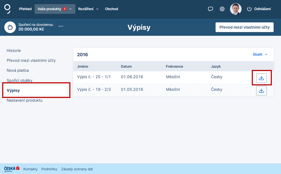 Výpis spořicí účet