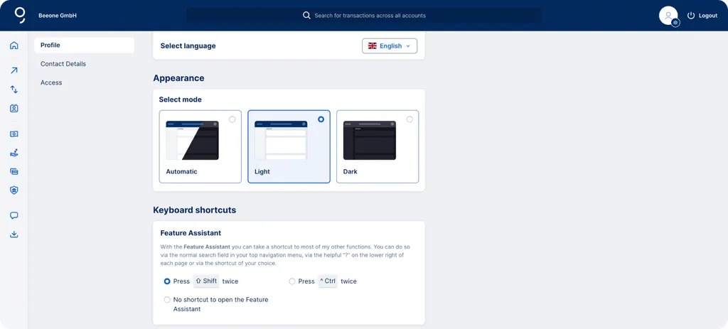 The user profile including the Hey George settings for the double click shortcut