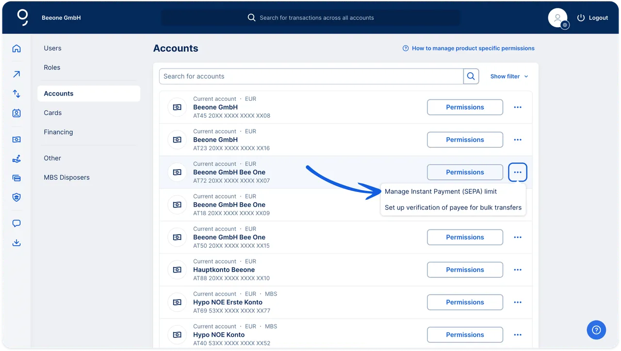 Instant Payment Limit access from Permissions (Accounts)