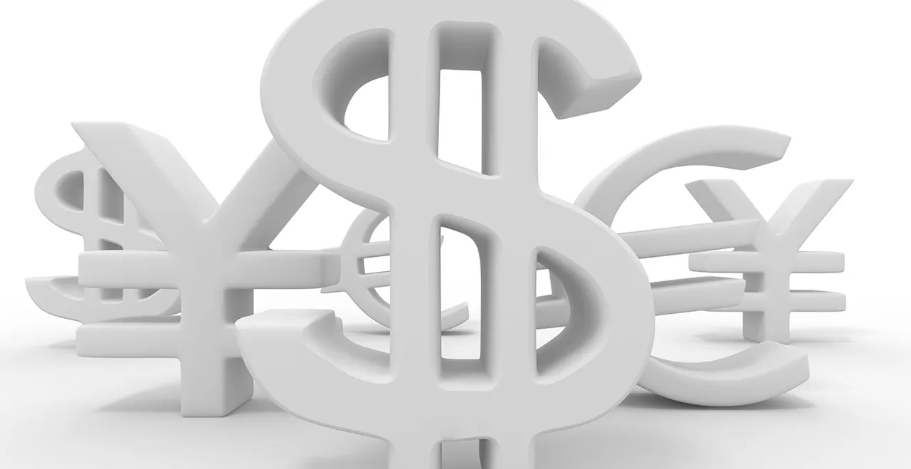 Dreidimensionale Währungssymbole für die Währungen von Europa, USA, China