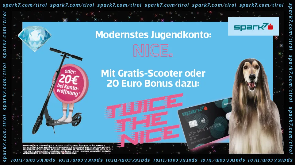 Werbemittel Modernstes Jugendkonto spark7, Abbildung der Karte, des Scooters und eines Hundes