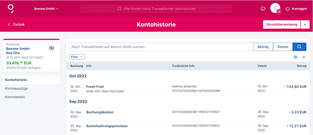 Suchleiste innerhalb der Kontohistorie