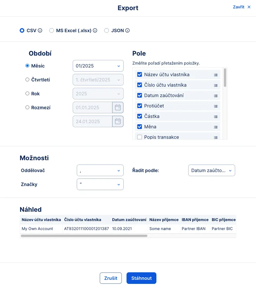 Detail exportu historie
