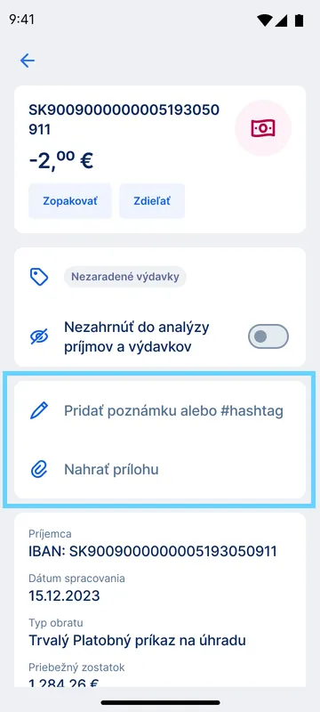 pridanie bločku k platbe