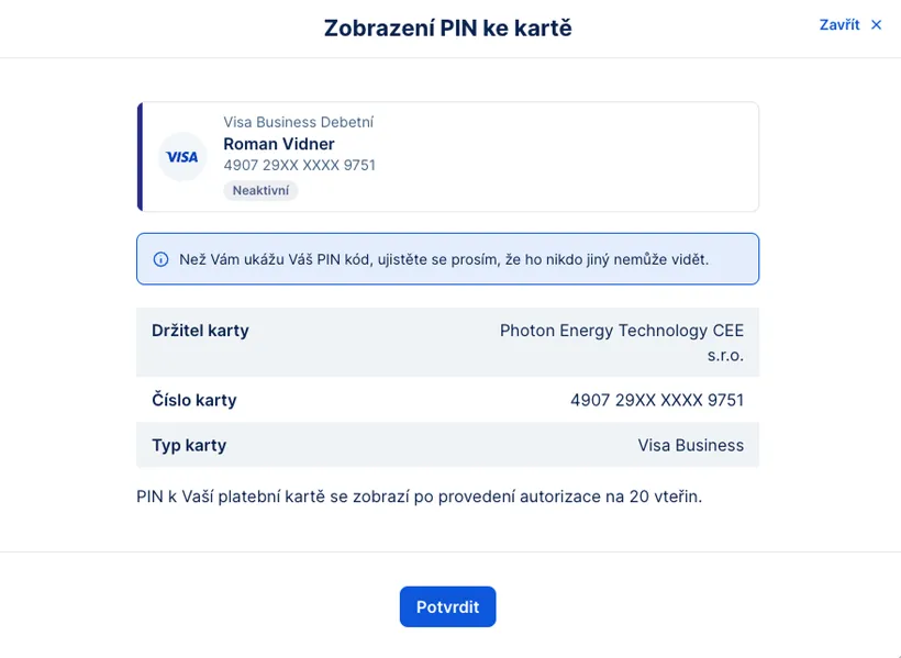 Detail zobrazení PIN