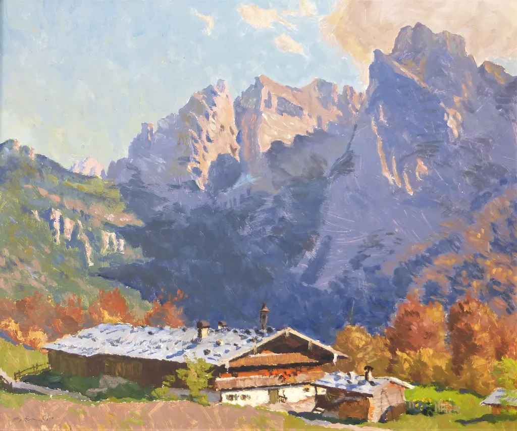 gemaltes Bild von einer Berglandschaft und einer Hütte