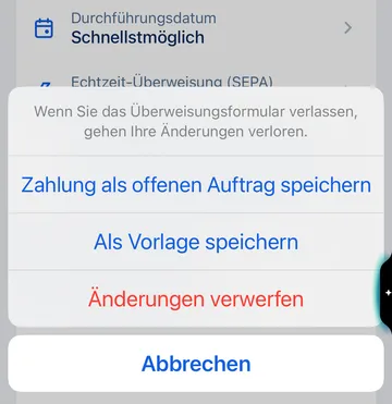 Überweisungsoptionen - George App - Zahlung als offener Auftrag speichern
