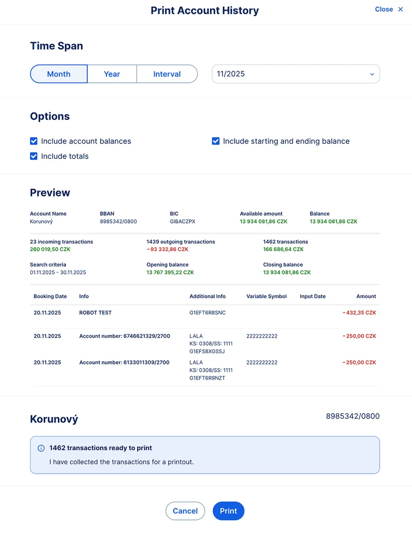 Print transaction history