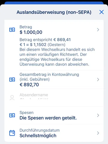 Non-SEPA Überweisung Zusammenfassung - George App