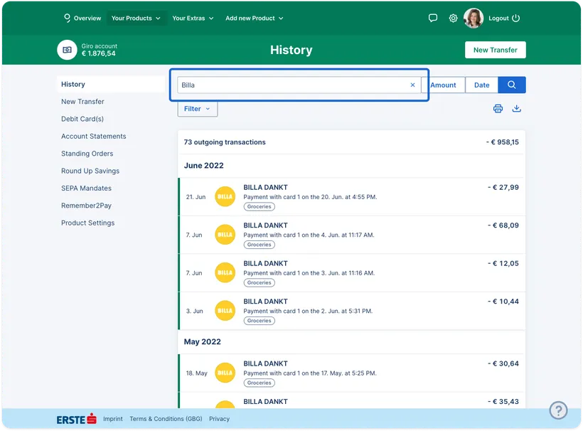 Search and find transactions