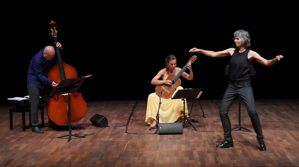 ein Herr auf dem Cello, eine Dame auf der Gitarre und eine Frau mit weit ausgestreckten Händen im Scheinwerferlicht