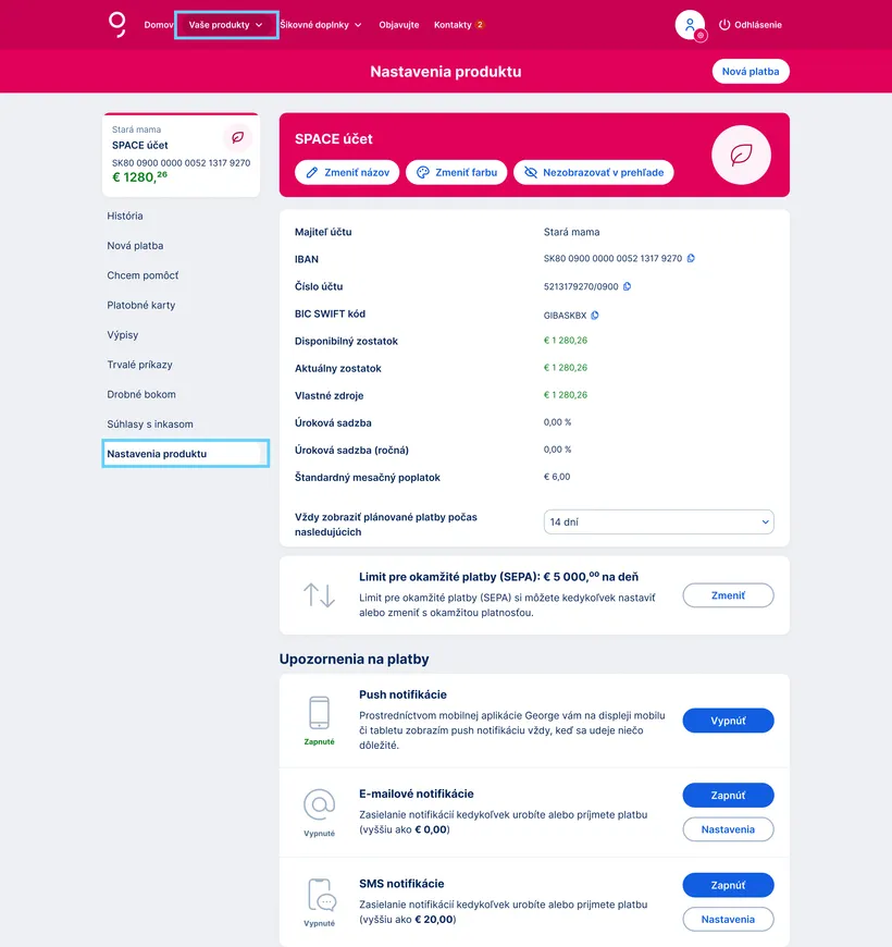 nastavenie produktu web