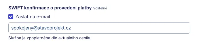 Možnost zaslání e-mailu jako konfirmaci SEPA a zahraniční platby