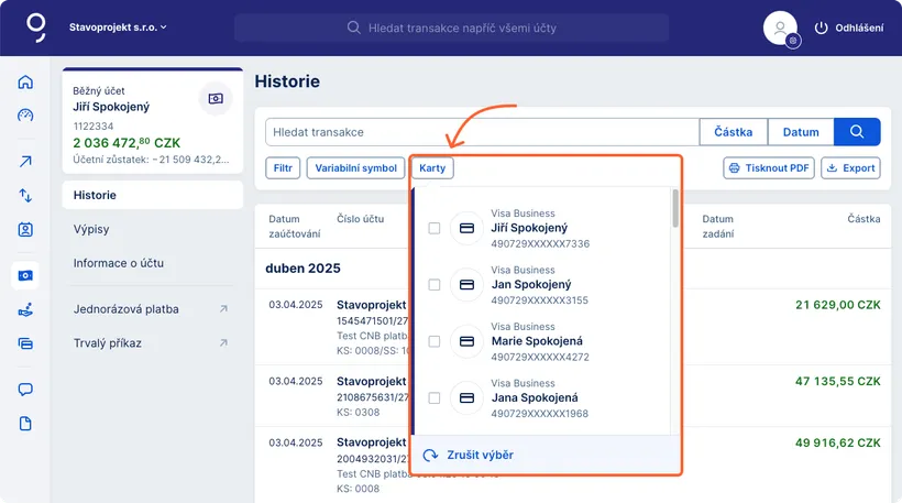 Filtrování transakcí v transakční historii podle karty