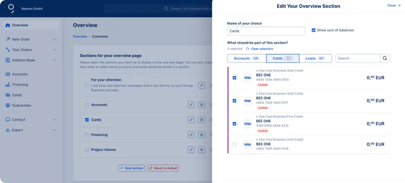 edit your cards section