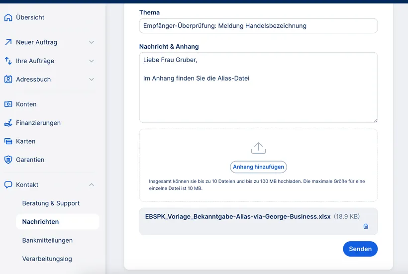 George Business Nachricht - Alias-Datei im Anhang