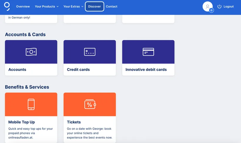 Accounts and cards section in Discover - George Web