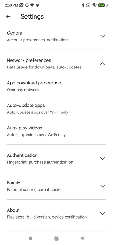 Play Store settings