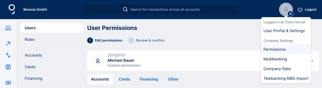 Permissions menu in user profile