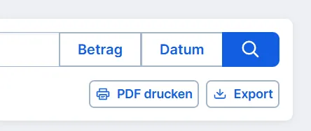Druck- und Export-Optionen über der Kontohistorie