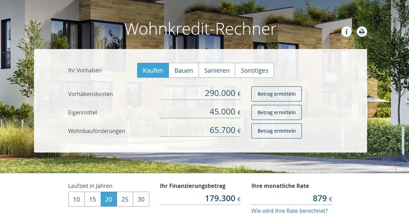 Oberfläche des Wohnkredit-Rechners mit beispielhaften Eingaben.
