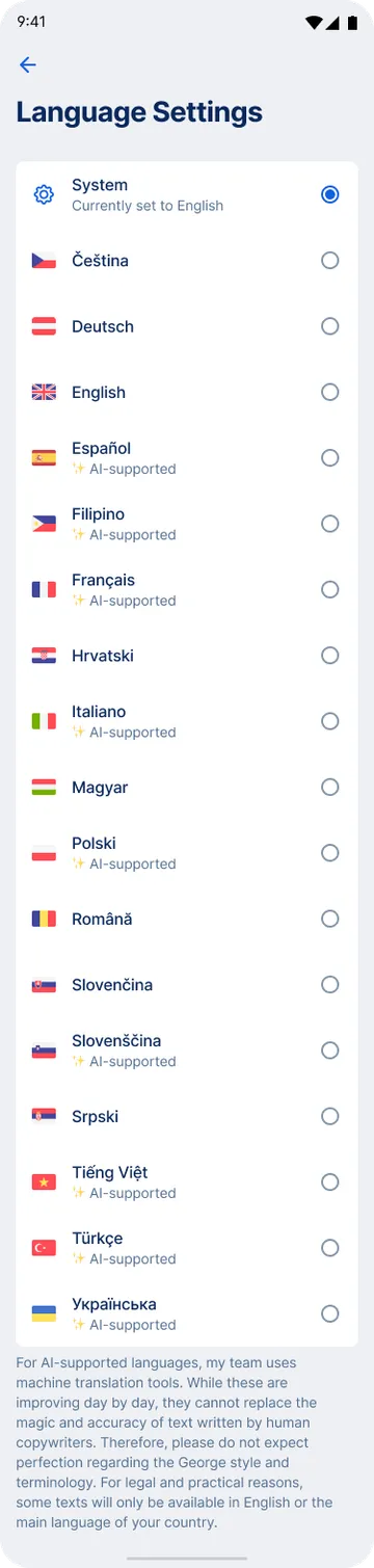 App language options