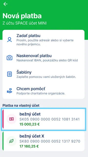 výber účtu pre prevod app