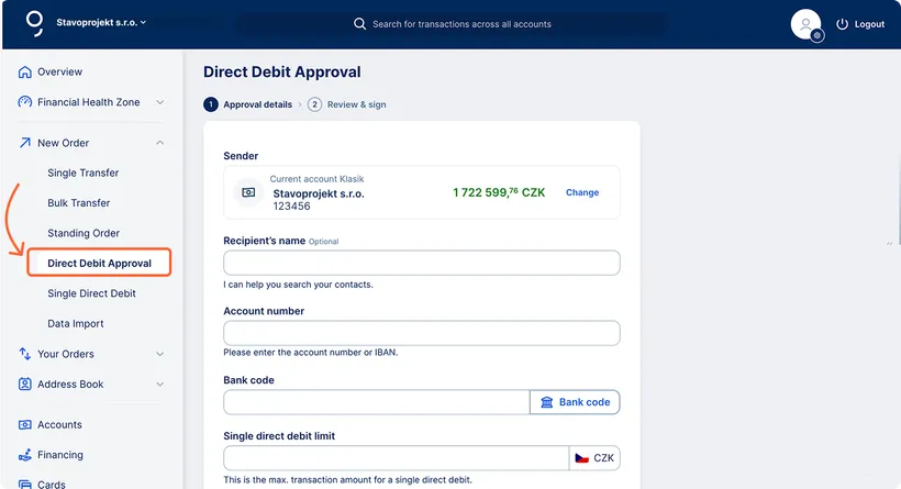 Direct Debit Approval access from left menu