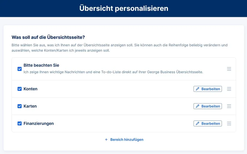 Übersichts-Bereiche personalisieren