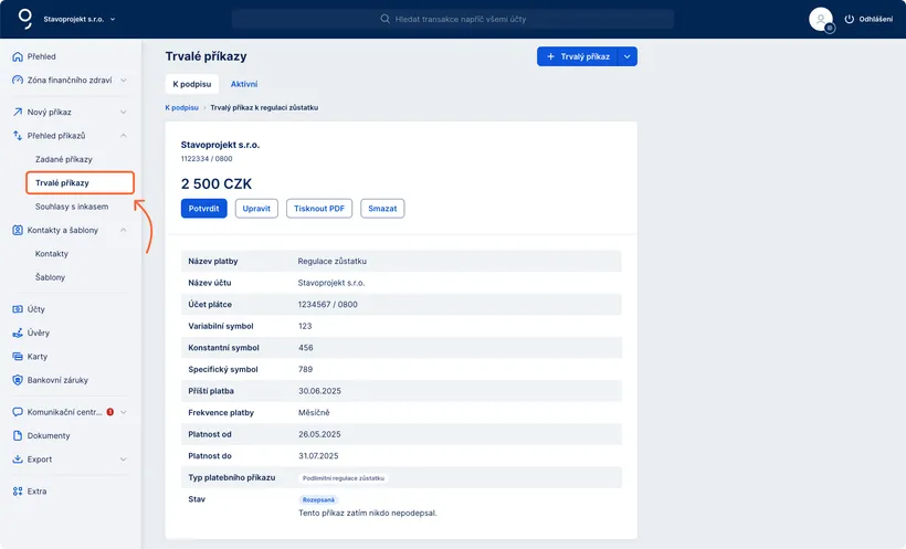 Možnosti úprav příkazu k regulaci zůstatku