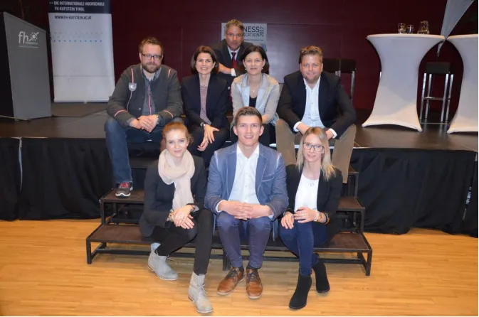 Die Vortragenden Paul Kubalek, Christine Ritz, Stefanie Stotz & Aage Dünhaupt und das Organisationsteam Peter Schneckenleitner, Christina Sappl, Florian Freudenthaler & Julia Anker Foto: FH Kufstein Tirol