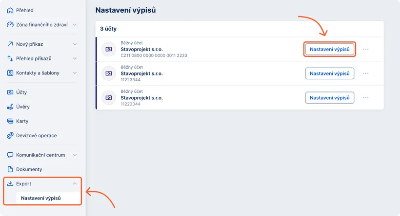 Nastavení výpisů z účtu