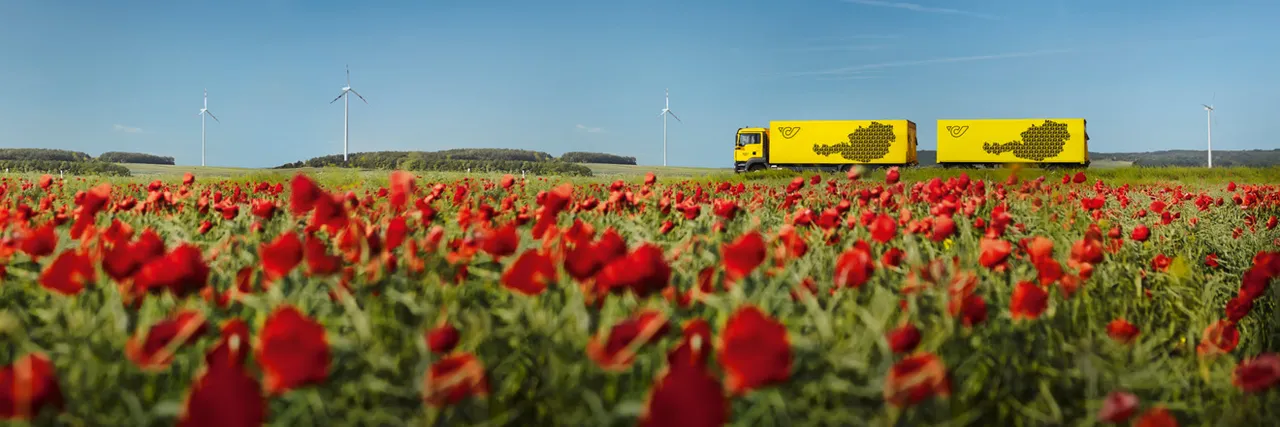 Post-Lkw hinter blühendem Feld