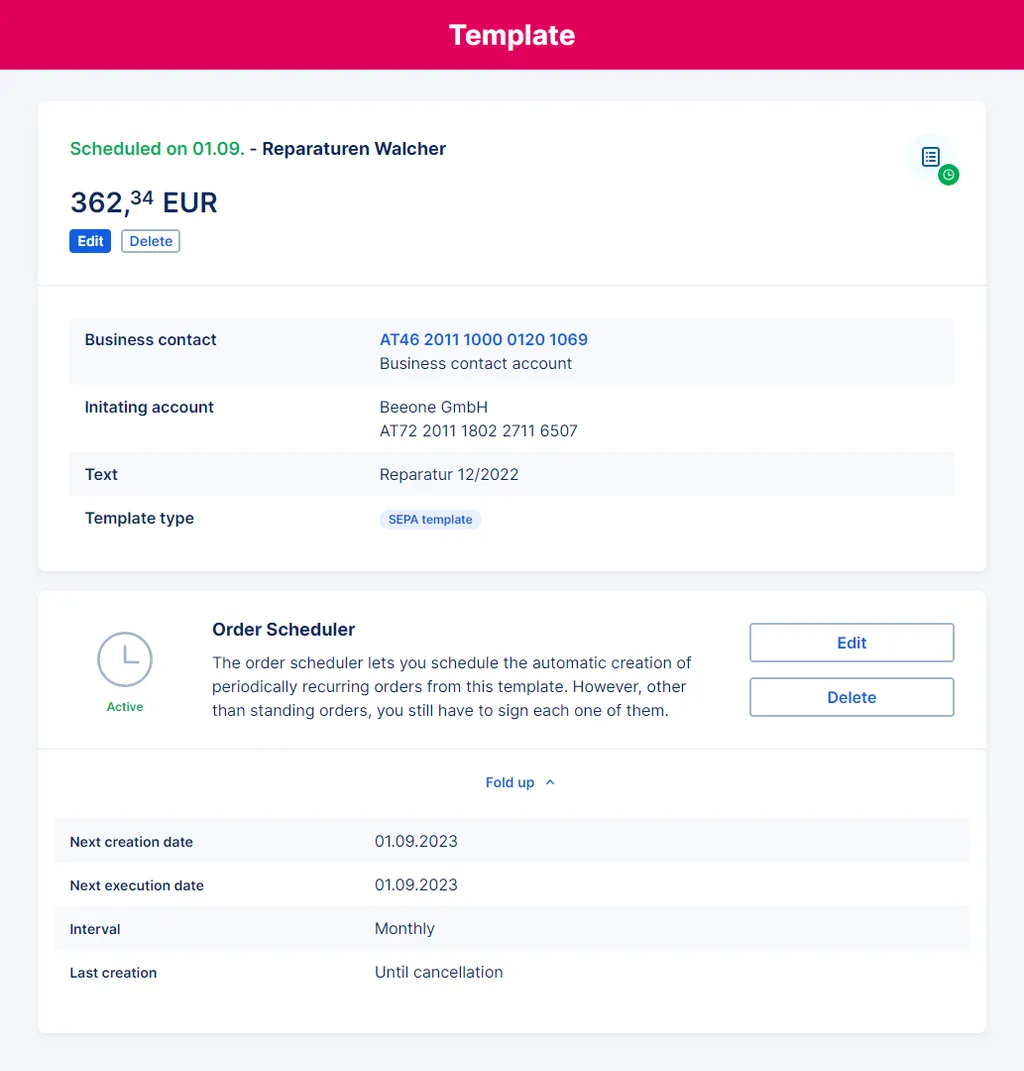 Order scheduler from the Template section in the George Business address book