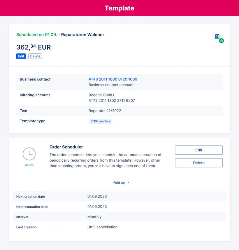Order scheduler from the Template section in the George Business address book