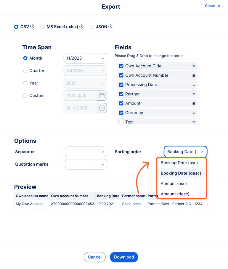 Export transaction history in specific order