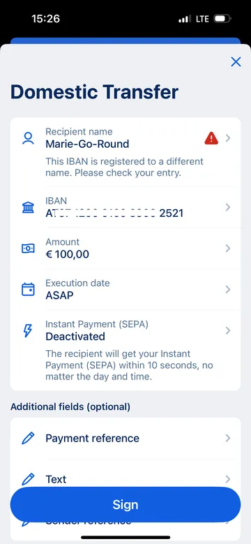 Warning for "no match" during Verification of Payee (SEPA transfer)
